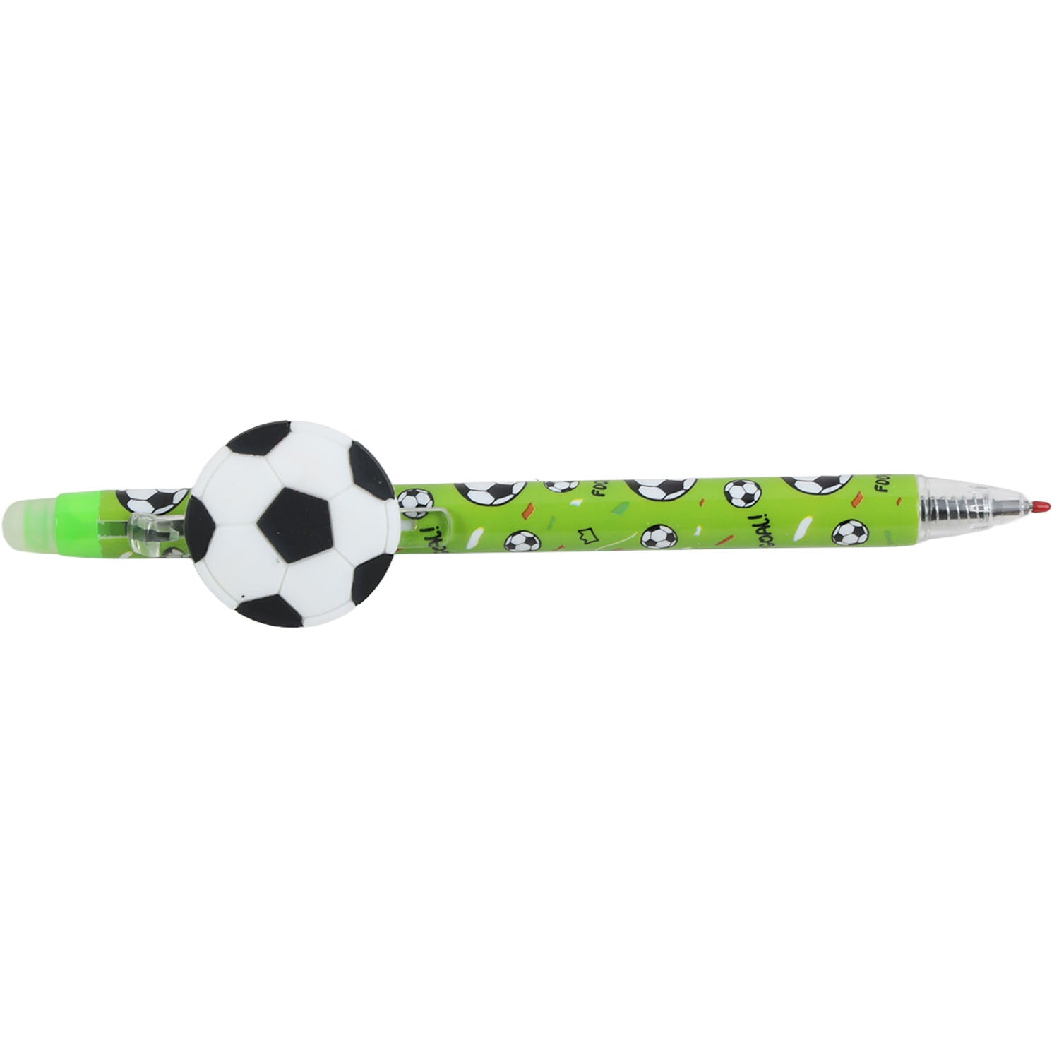Soccer ball eraser pen with green barrel and black/white ball topper