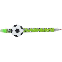 Soccer ball eraser pen with green barrel and black/white ball topper