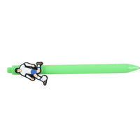 Green ballpoint pen with soccer player figure at the clip end