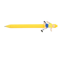 Yellow ballpoint pen with runner soccer player clip on the barrel