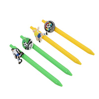Assorted soccer-themed ballpoint pens in green and yellow with player toppers