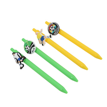 Assorted soccer-themed ballpoint pens in green and yellow with player toppers