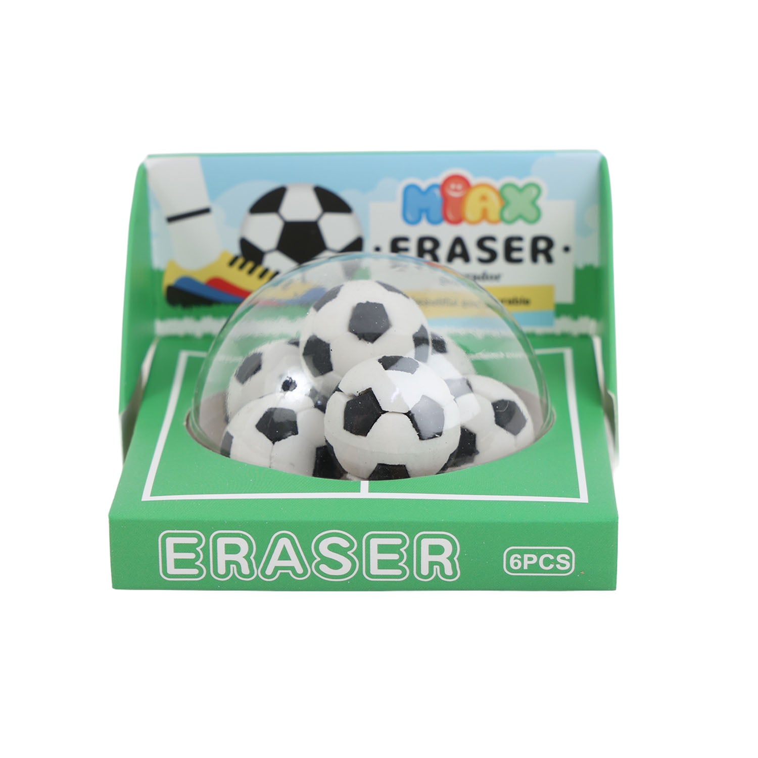 Boxed set of soccer ball-shaped erasers, 6 pcs, with black-and-white ball designs