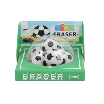 Boxed set of soccer ball-shaped erasers, 6 pcs, with black-and-white ball designs