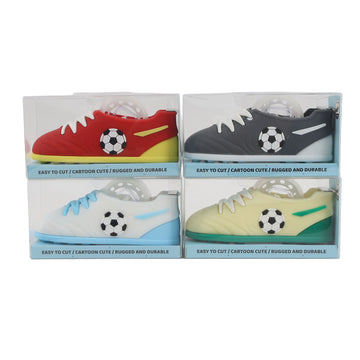 Set of four shoe-shaped football tape dispensers, boxed in red, gray, blue, and green