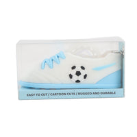 White shoe-shaped football tape dispenser with blue laces and soccer ball, in box