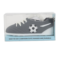 Gray shoe-shaped football tape dispenser with soccer ball, in clear retail box