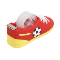 Red shoe-shaped football tape dispenser with soccer ball motif and clear tape roll