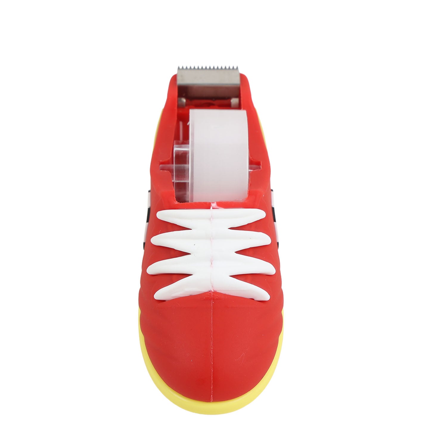 Bottom view of red shoe-shaped football tape dispenser with tape cutter roller