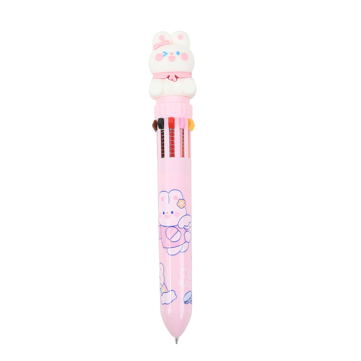 Pink multi-color pen with cute bunny cap and ten ink tips