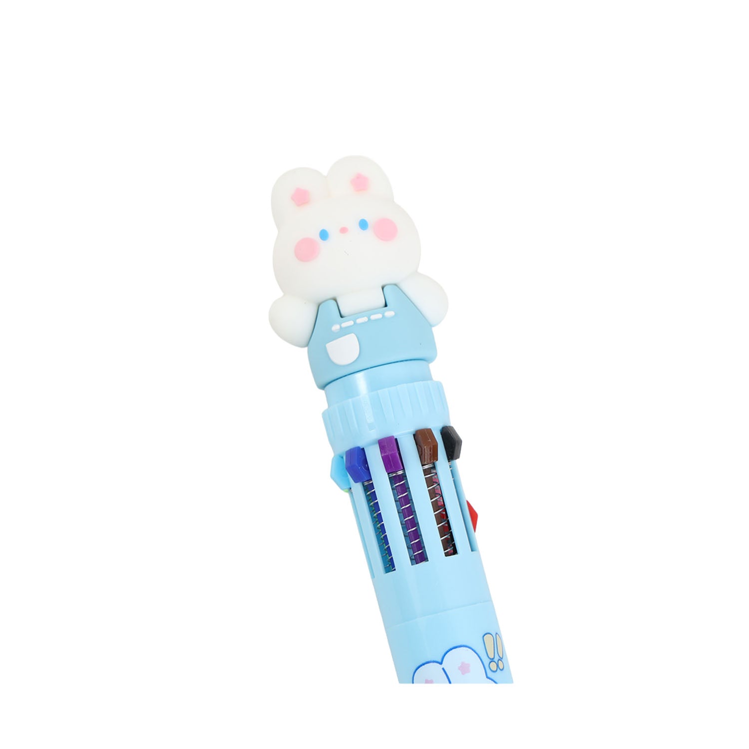 Blue multi-color pen close-up with white bunny cap and ten ink tips