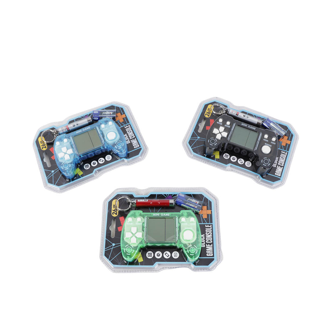 Three mini handheld game consoles in blue green and black blister packs