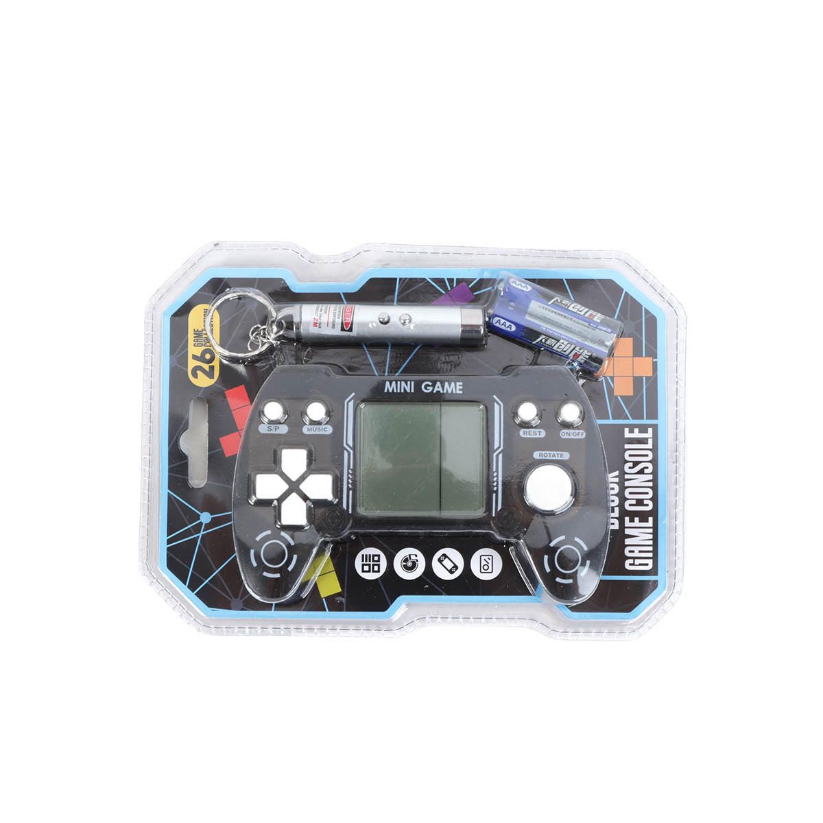 Black mini game console with screen directional pad and thumb controls