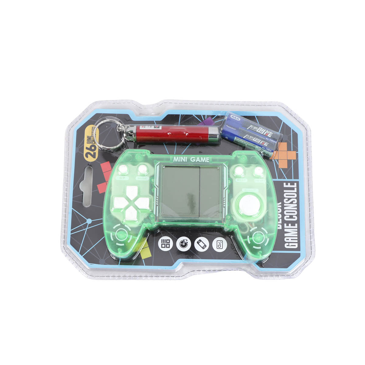 Green mini game console shown in retail blister package