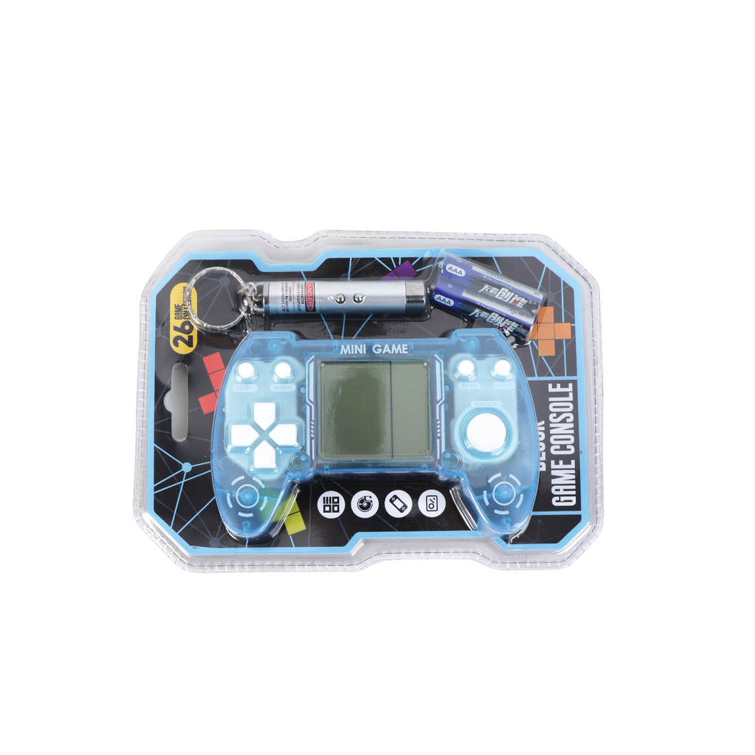 Blue mini game console with screen directional pad and round buttons