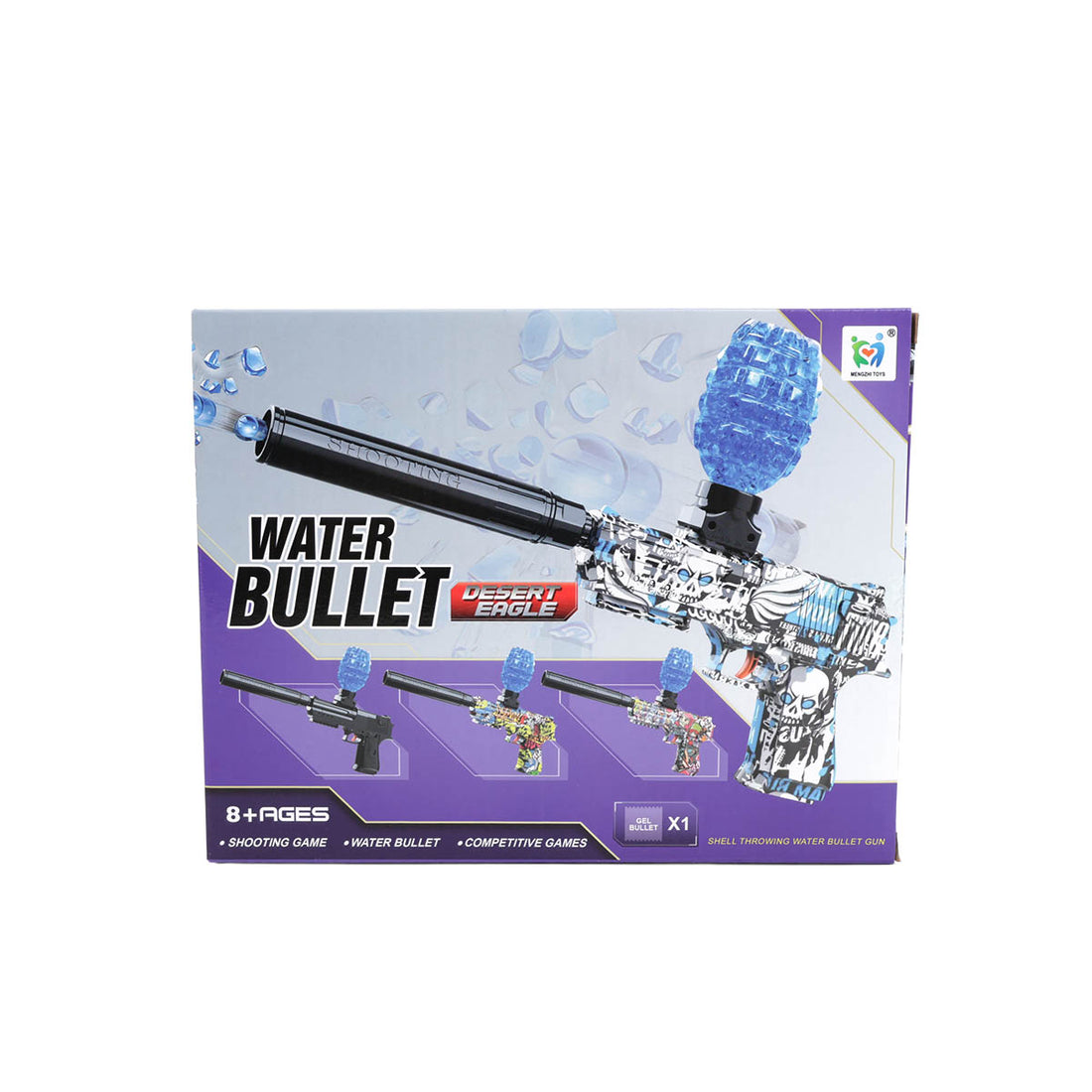 Electric gel ball blaster water bullet toy in retail box, black and purple graphics