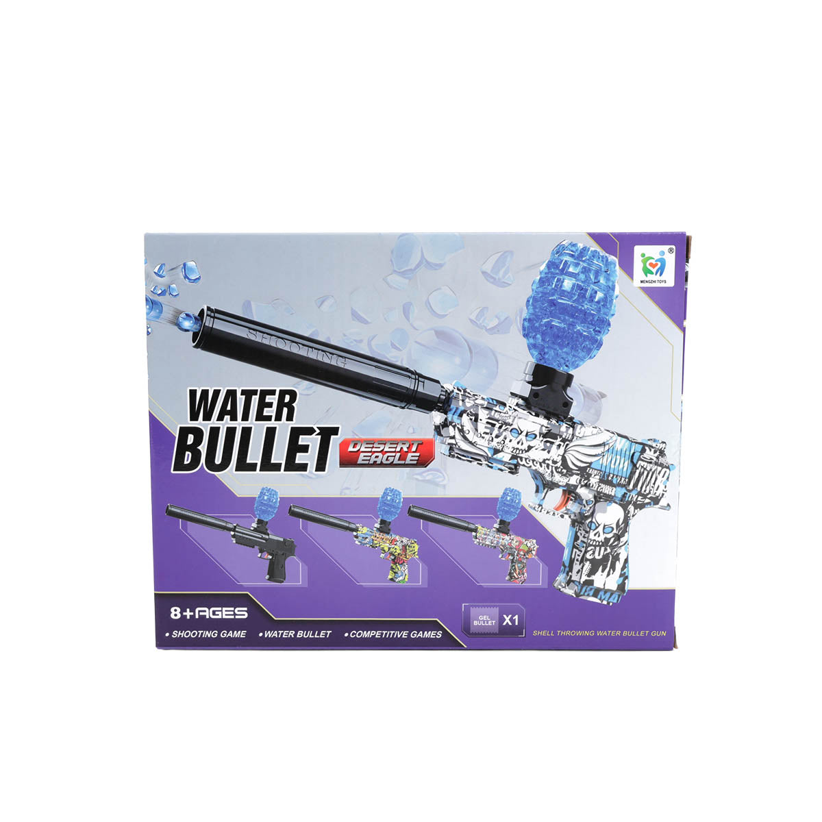 Electric gel ball blaster water bullet toy in retail box, black and purple graphics