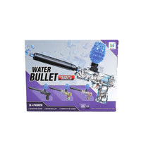 Electric gel ball blaster water bullet toy in retail box, black and purple graphics