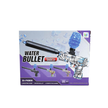 Electric gel ball blaster water bullet toy in retail box, black and purple graphics