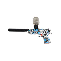 Electric gel ball blaster with clear barrel cover and blue graffiti camo body