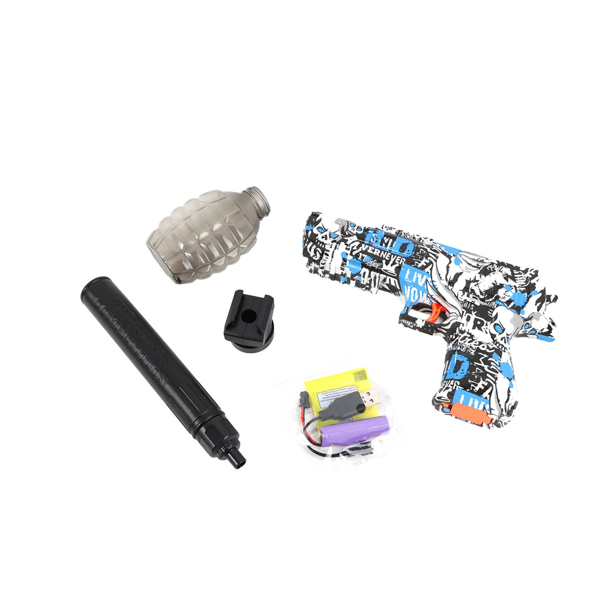 Electric gel ball blaster with accessories: barrel, clear cover, clip, and gel refills