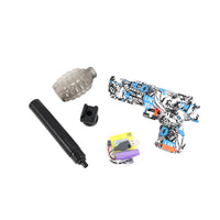 Electric gel ball blaster with accessories: barrel, clear cover, clip, and gel refills