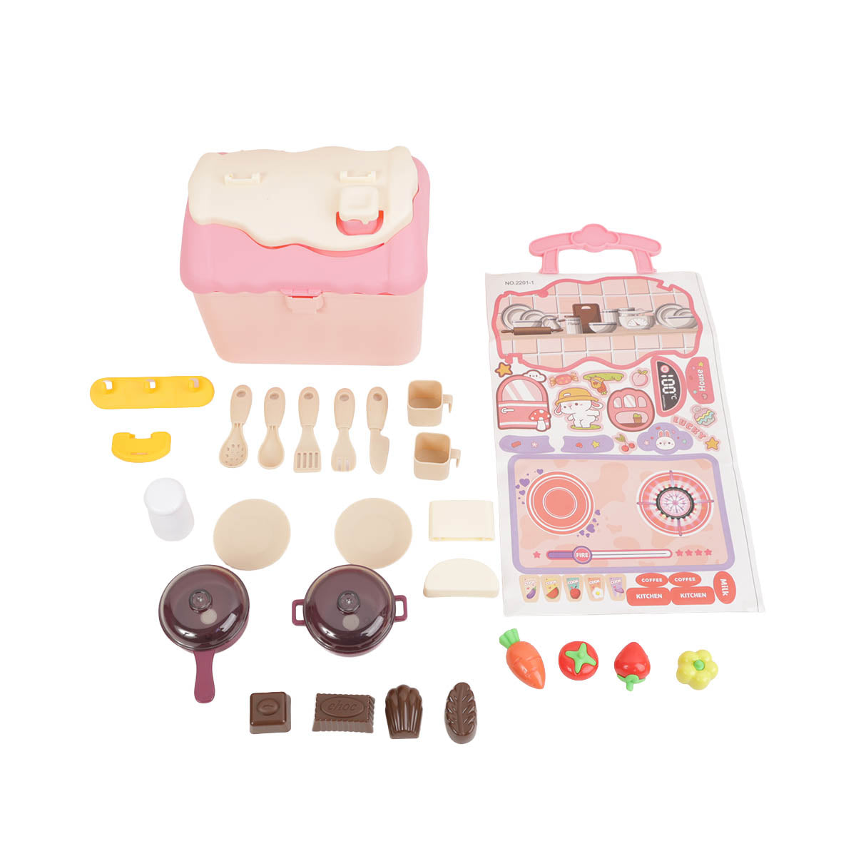 Pink and cream kitchen storage cabin with accessories, pots, utensils, and play food
