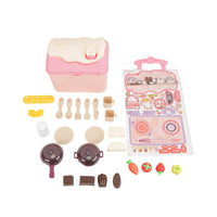 Pink and cream kitchen storage cabin with accessories, pots, utensils, and play food