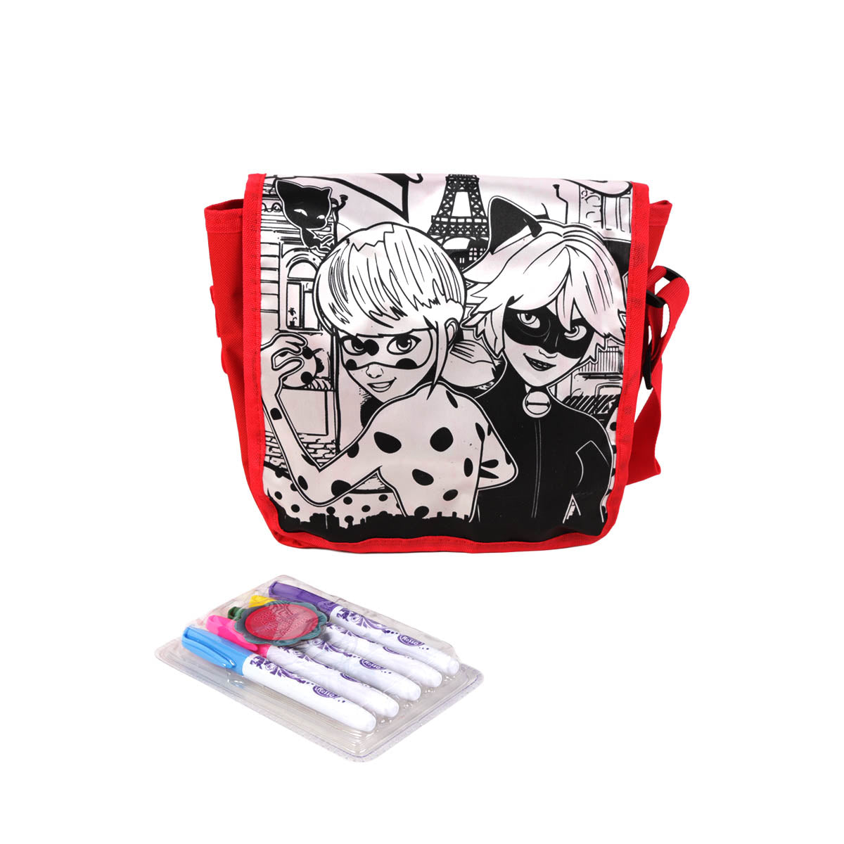 Red-trimmed character backpack shown with washable color markers