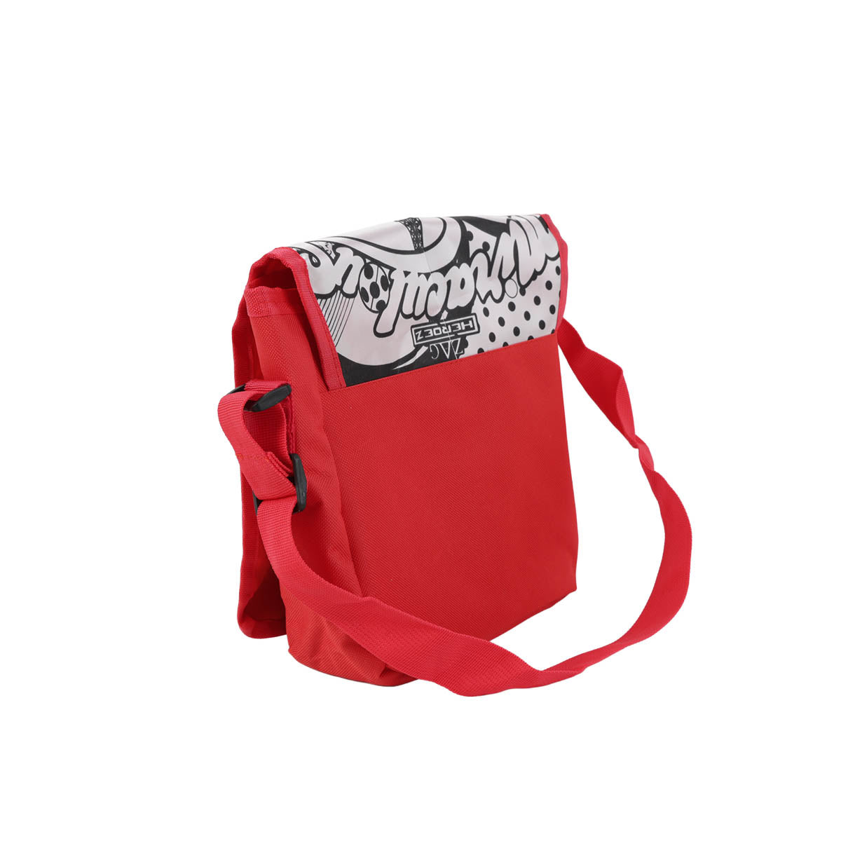 Back view of the red backpack showing its plain red panel and shoulder straps