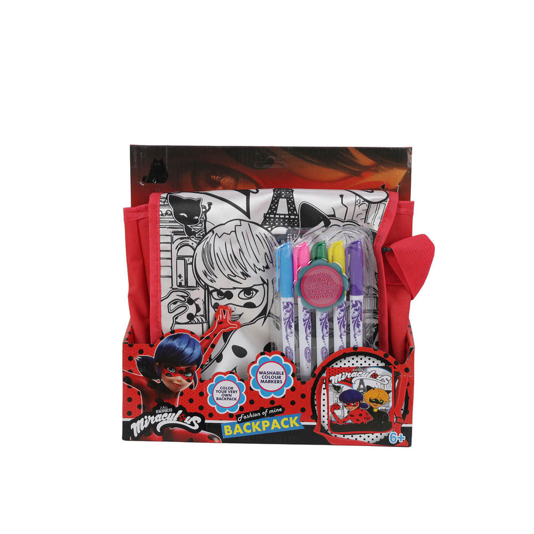 Miraculous DIY coloring backpack kit box with markers and red-trimmed bag