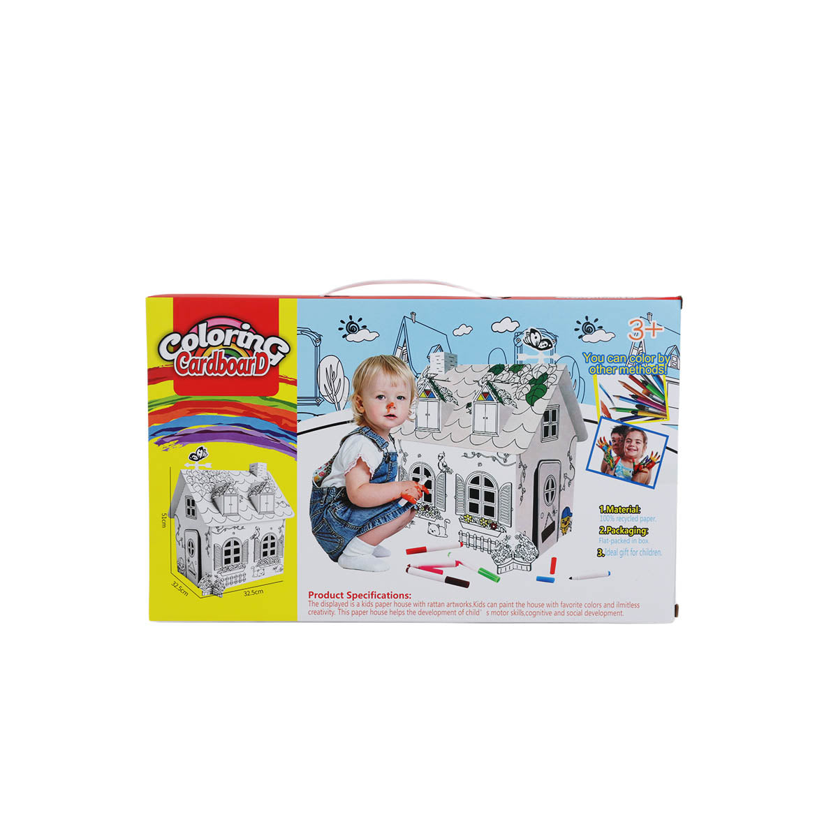 Box of a 3D cardboard house coloring kit with assembled house illustration