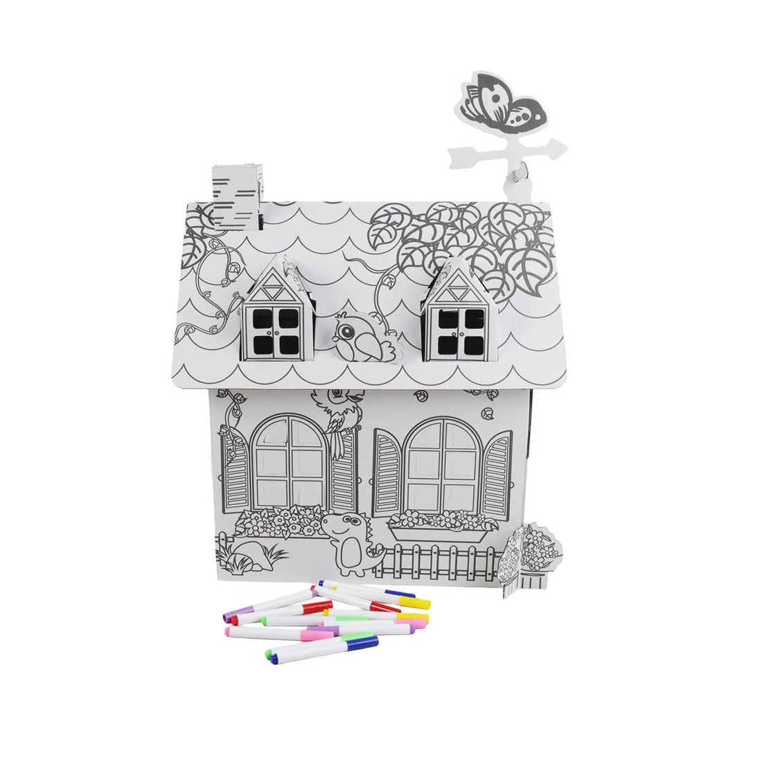 Uncolored assembled cardboard house with printed outlines and colorful markers