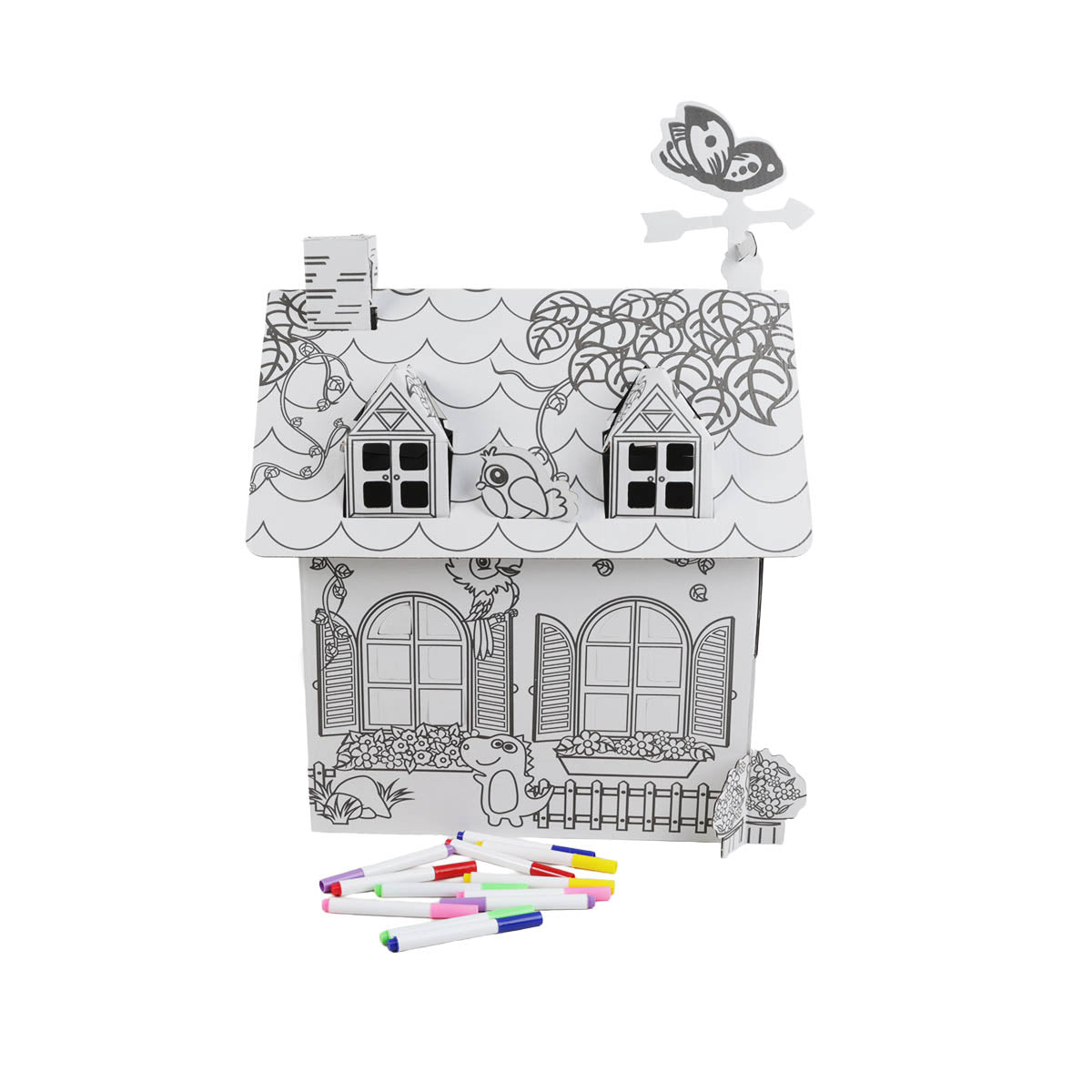 Uncolored assembled cardboard house with printed outlines and colorful markers