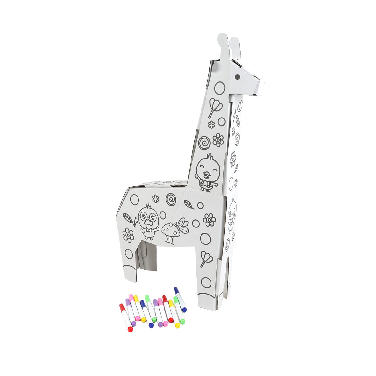 Assembled giraffe craft with colorful marker tips shown