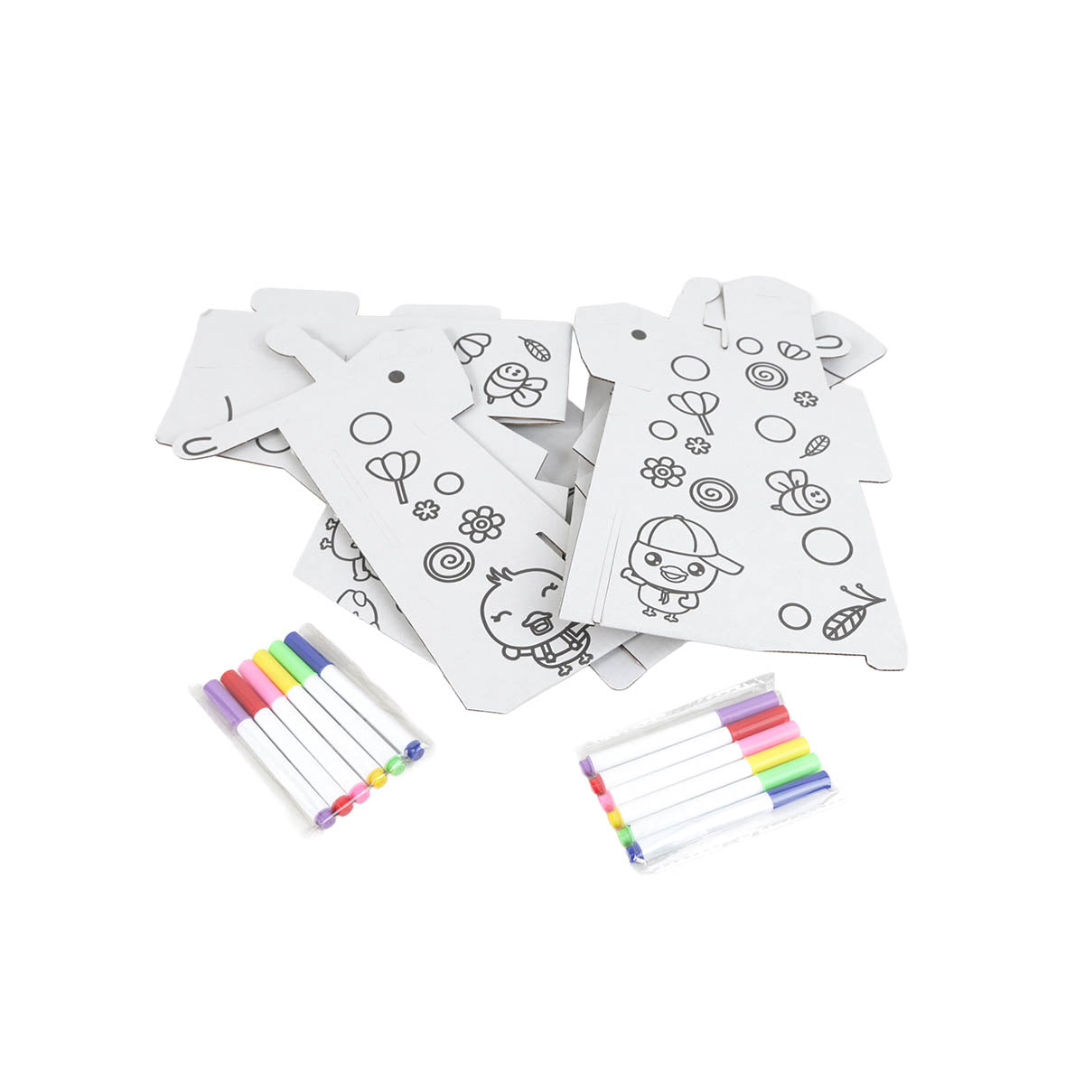 Unassembled printed cardboard pieces and colorful markers for giraffe craft