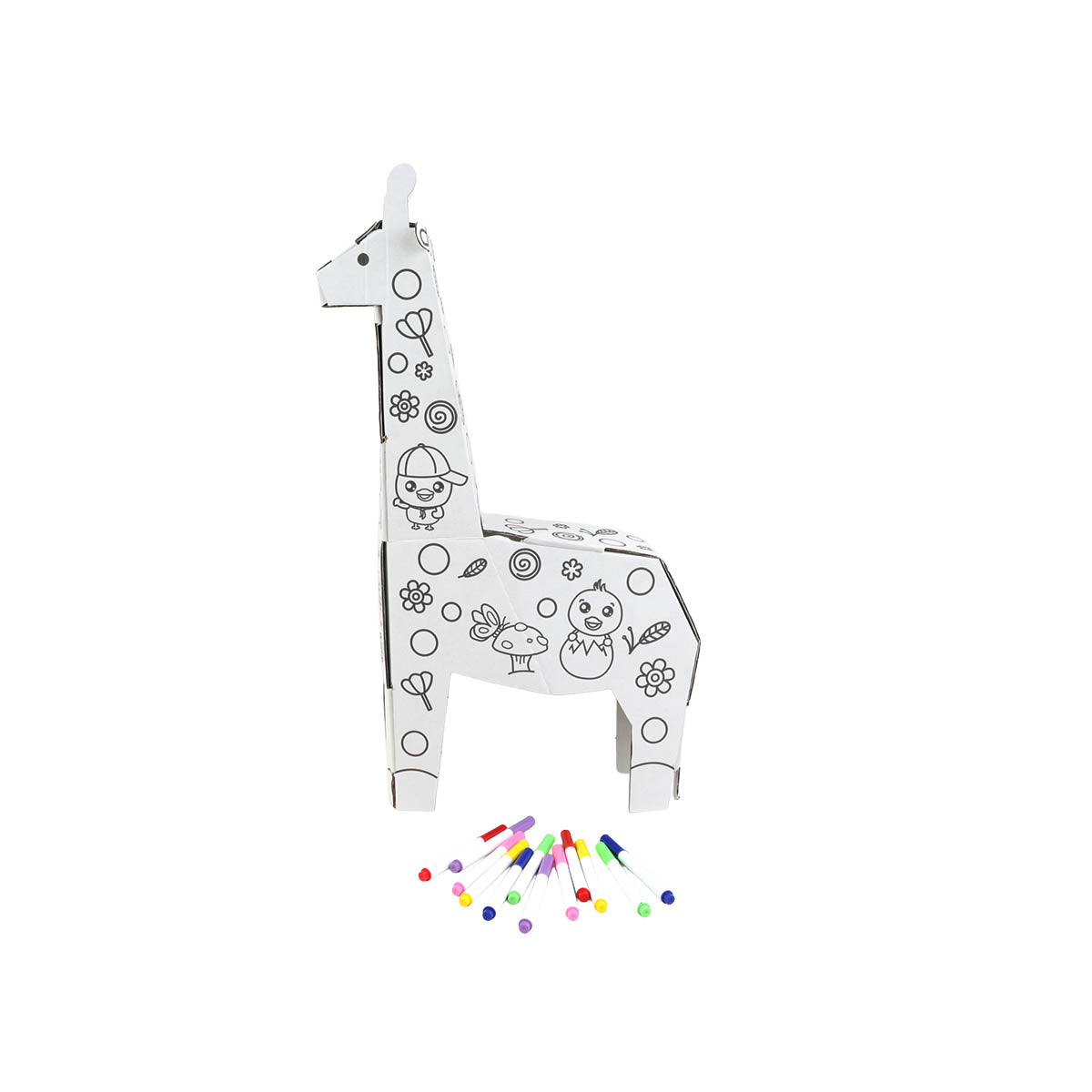 Standing uncolored cardboard giraffe model with markers