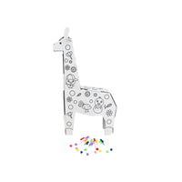 Standing uncolored cardboard giraffe model with markers