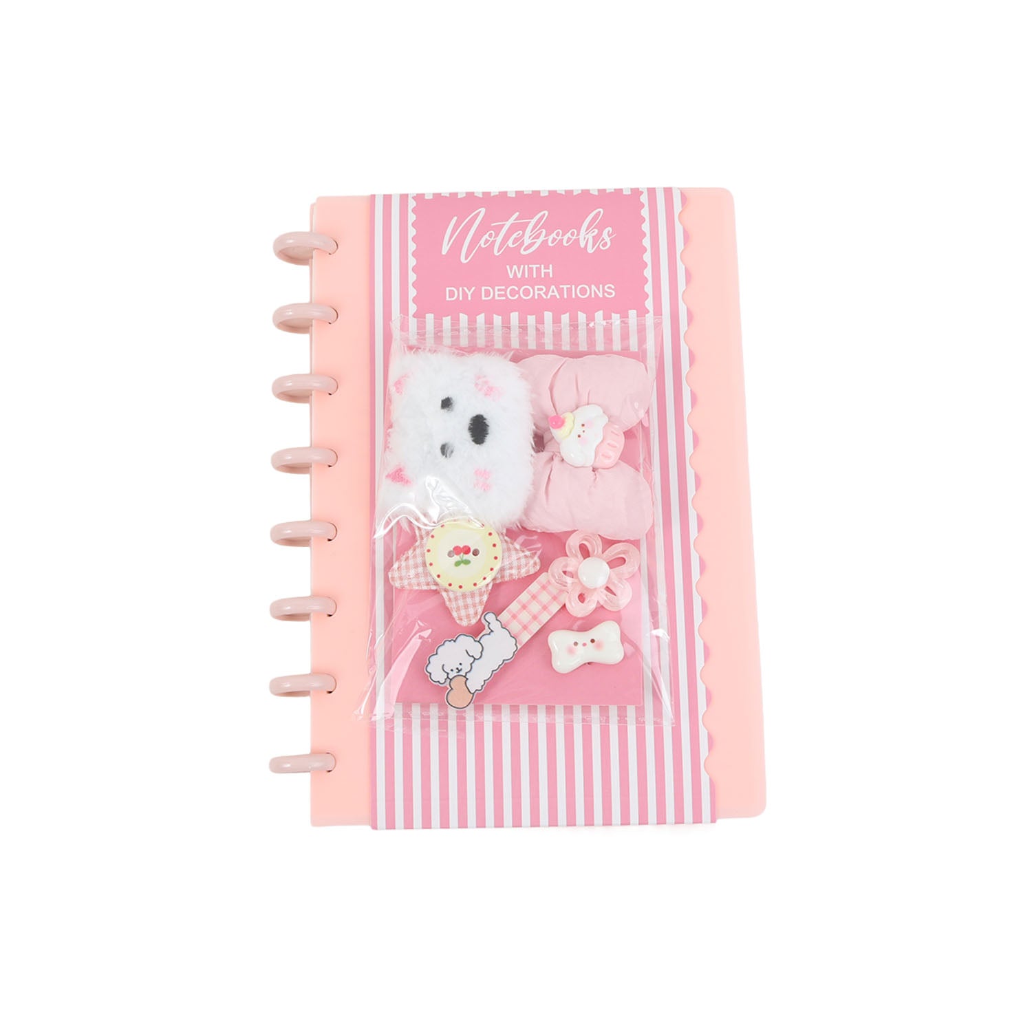 Pink DIY notebook with six silicone charms on front cover, spiral binding