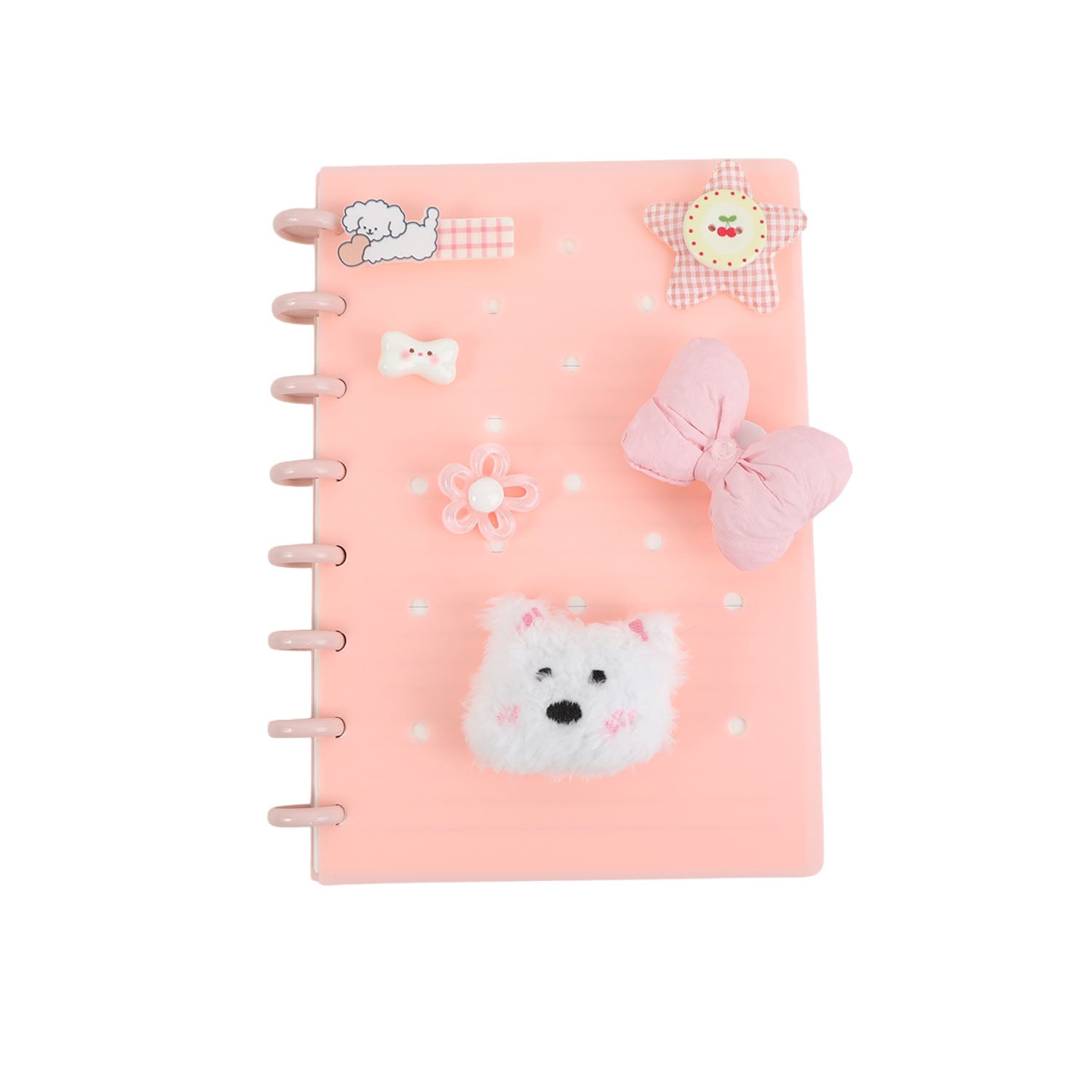 Pink notebook cover with silicone charms: bear face, bow, flower and cloud, spiral