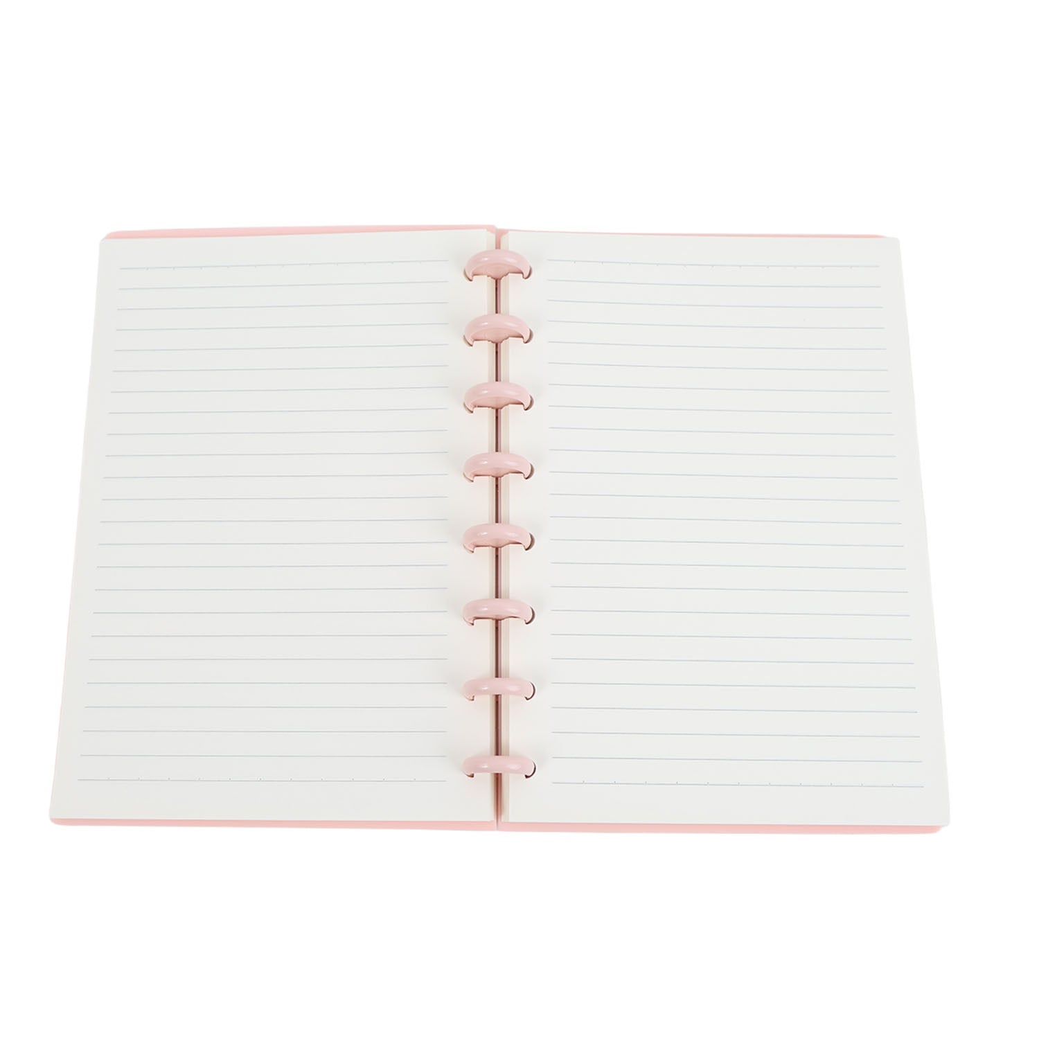 Open pink notebook with lined pages and pink spiral rings