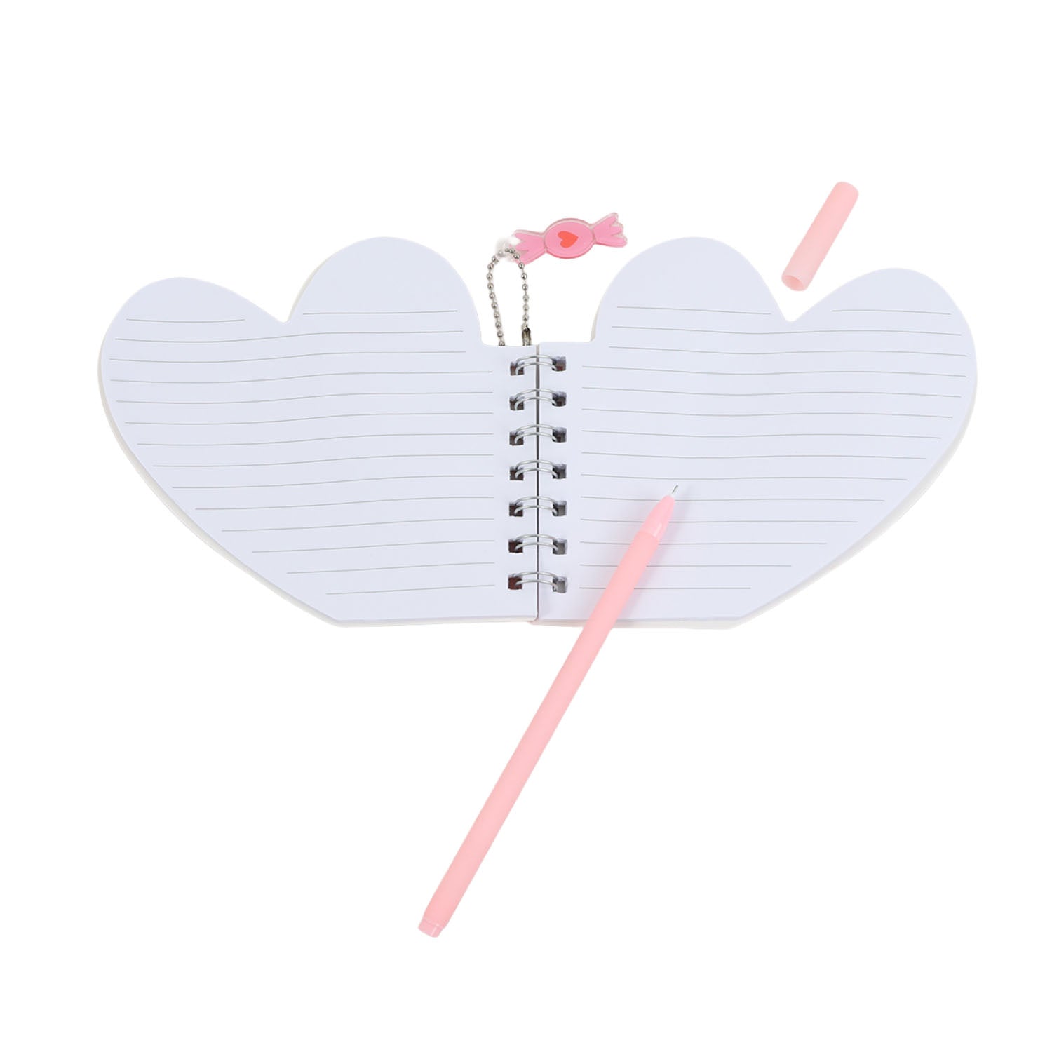 Open heart-shaped notebook with lined pages, pink pencil, and bow charm on chain