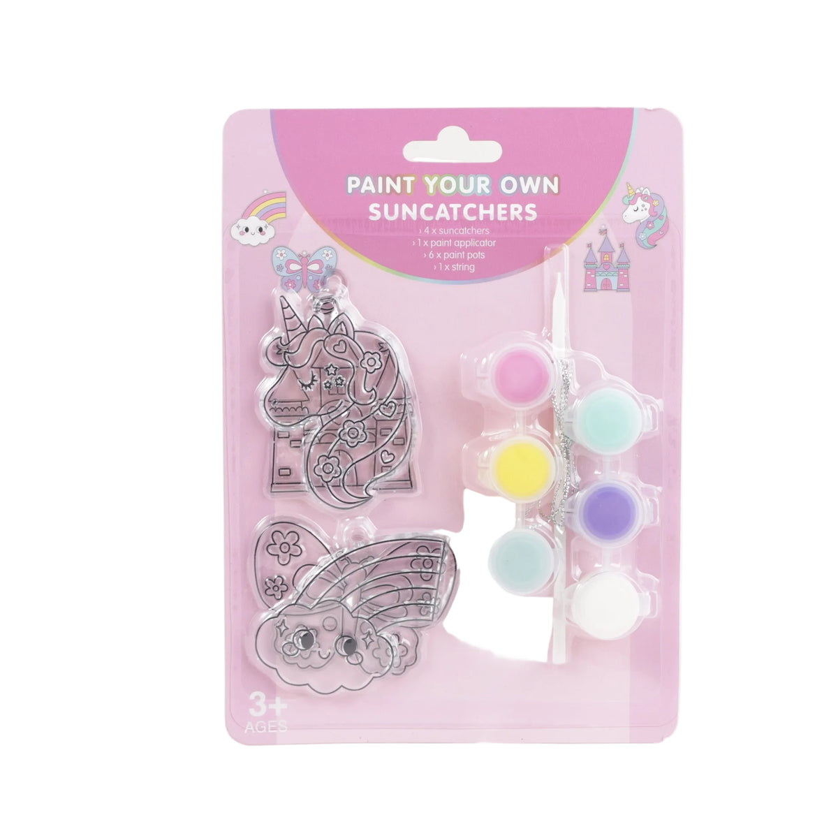 Kids paint-your-own suncatcher kit: 3 outline designs and 6 pastel paint cups