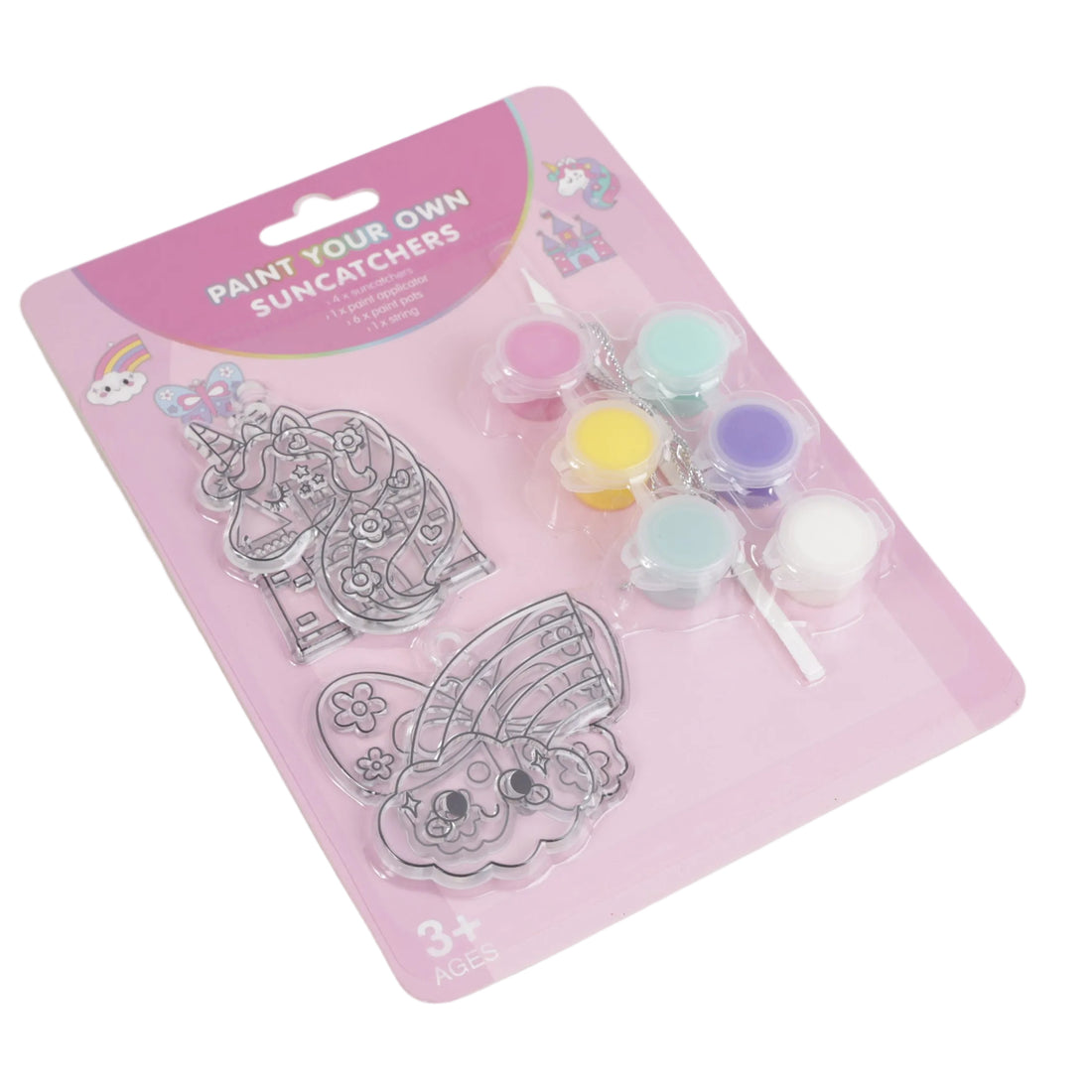 Paint-your-own suncatcher kit packaging with 2 outline suncatcher designs and pastel paint pots