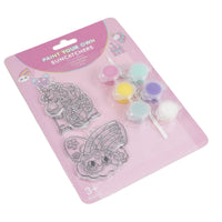 Paint-your-own suncatcher kit packaging with 2 outline suncatcher designs and pastel paint pots