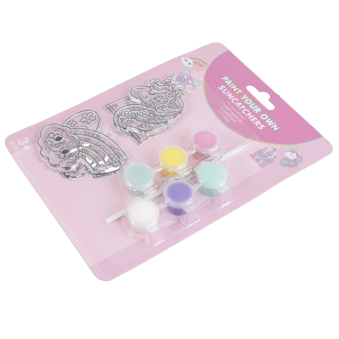 Paint-your-own suncatcher kit with 2 outlined suncatchers and 6 pastel paint cups on card