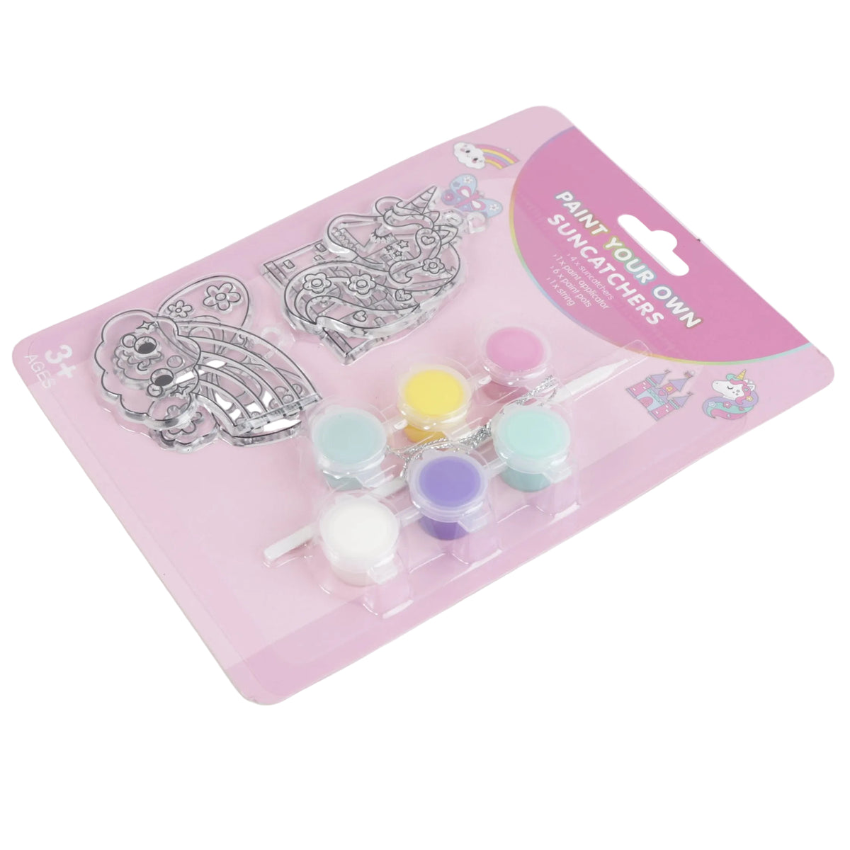 Paint-your-own suncatcher kit with 2 outlined suncatchers and 6 pastel paint cups on card