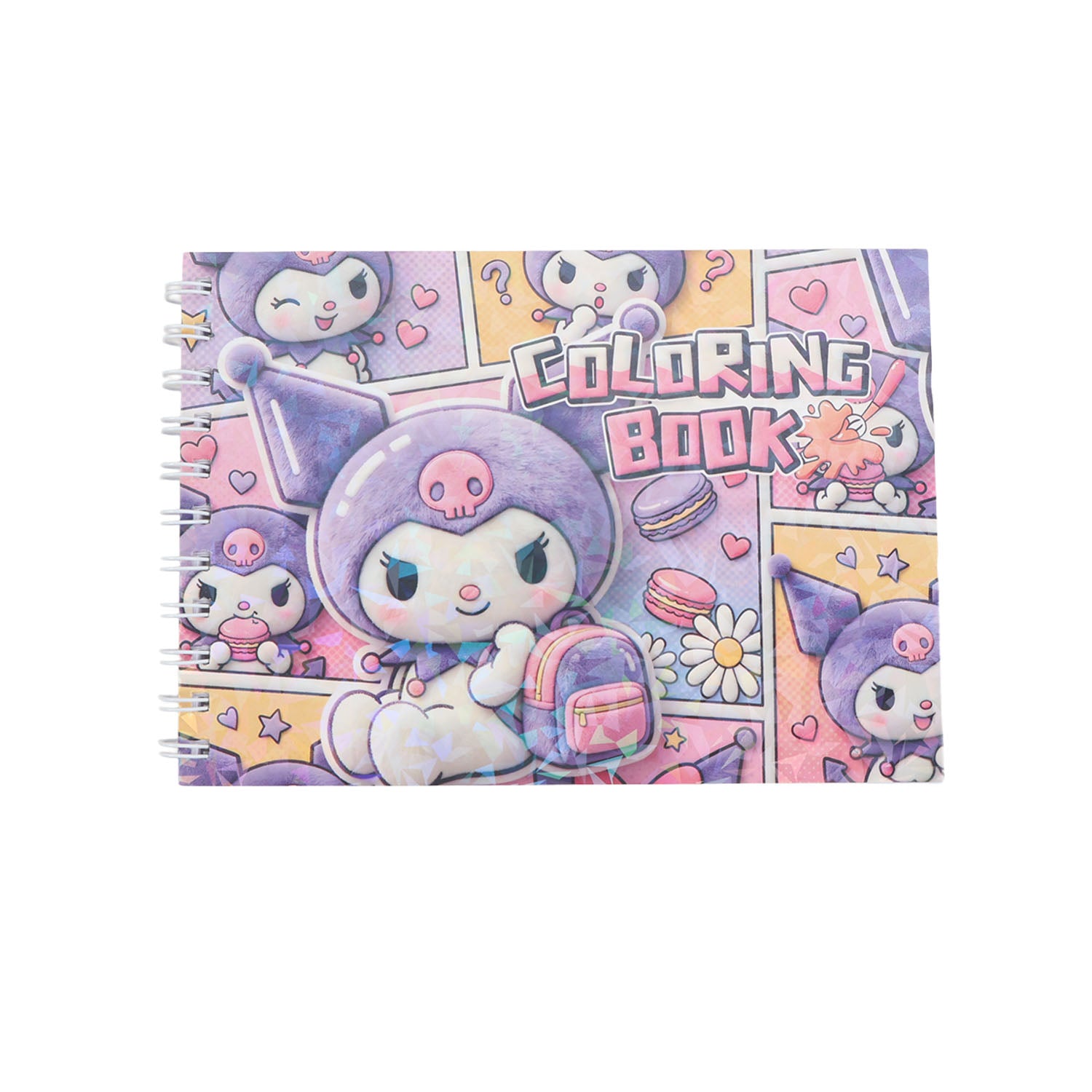 Purple colouring book drawing notebook with spiral rings and chibi cat sticker collage