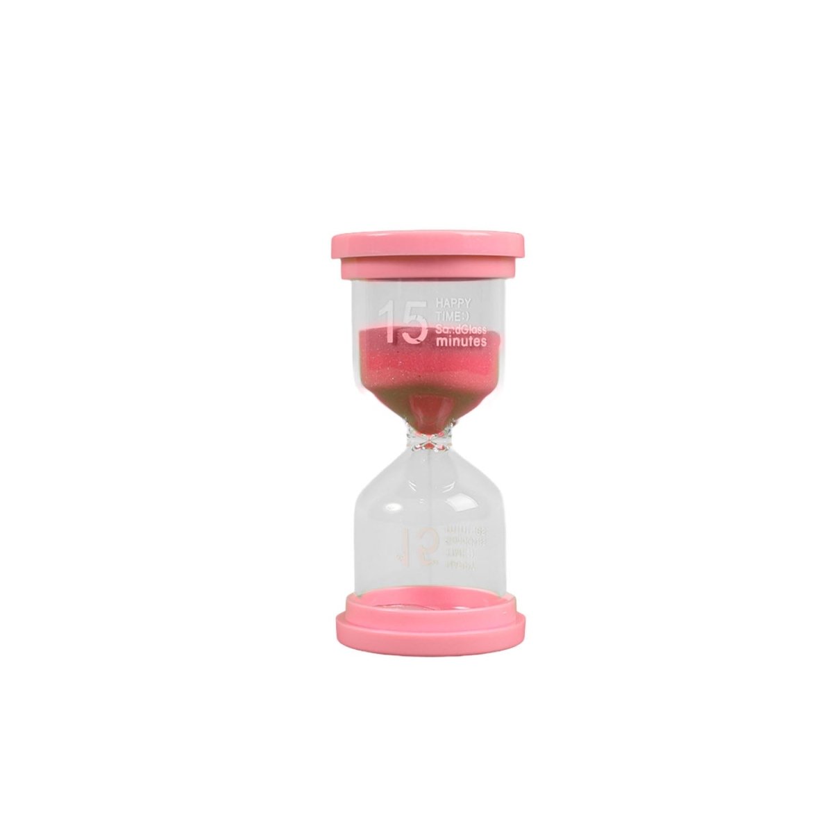 15-minute hourglass timer with pink ends and top, clear chamber, 15 minutes