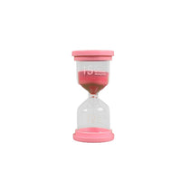 15-minute hourglass timer with pink ends and top, clear chamber, 15 minutes